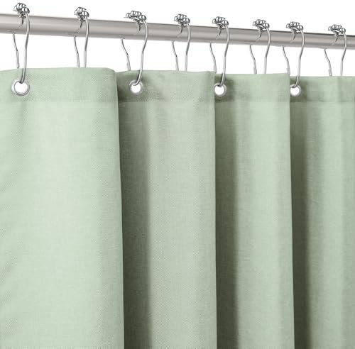 VANZAVANZU Duschvorhang Leinen mit Metall Duschvorhangringe Stoff Textil Badewannenvorhang Anti Schimmel Bad Vorhang Set Wasserdicht Schwerer Badewanne Vorhang - 122 x 182cm (Salbeigrün)