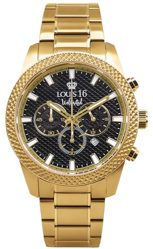 LOUIS XVI Mirage 3300 - Ø 43 mm - Herren Uhr - Chronograph - Wasserdicht - Armband Gold - Zifferblatt Schwarz
