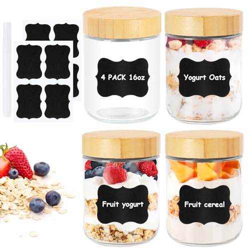 Vikcvcsc Lot de 4 Overnight Oats Jars 450ml, Pot Yaourt Avoine en Verre avec Couvercle, Mason Jar Bocaux en Verre Hermétique, Meal Prep Bocal en Verre pour Confitures, Yaourt, Puddings, Salades