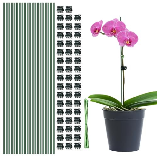 TSKDKIT 40cm Plant Supports for Indoor Plants, 20pcs Green Support Sticks Bendable Small Plant Canes with 50pcs Clips and 20pcs Ties, Seedling Gardening Sticks for Sunflower, Orchid, Pea, Tomato