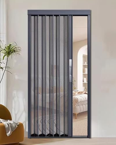 Concertina Door Metal Screen Door Accordion-style, Grey Aluminum Frame Retractable Screen Door Internal, Balcony Bedroom Closet Folding Door with Lock(75x80in(190.5x203.2cm))