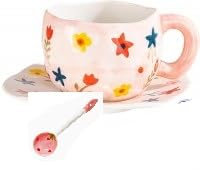 Tasses À Thé Et Soucoupes, Ensemble Tasse Et Soucoupe, Fleurs Mignonnes, Tasse Ceramique Artisanale, Ensemble Tasse à thé et Soucoupe à Fleurs en Céramique, Tasse Cadeau D'anniversaire pour Femmes