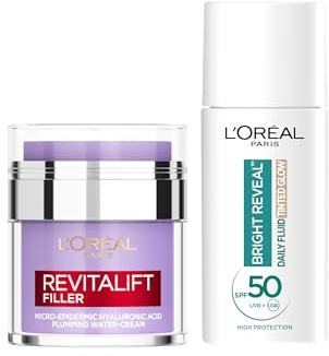 L'Oréal Paris Gesichtspflege-Set: Tägliches Getöntes UV Glow-Fluid mit LSF 50 & Revitalift Filler Gel-Creme, Anti-Pigmentflecken & Anti-Aging, Niacinamid + Hyaluronsäure, 2 x 50 ml