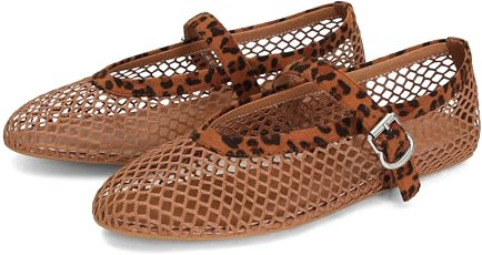 DOEYG Mesh Ballet Flats for Women Buckle Strap Comfy Casual Office Fishnet Ballerina Flat Shoes, Leopard Brown, 5 UK