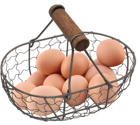 Cesta ovalada para huevos de gallina con mango de madera, cesta de almacenamiento de alambre de metal para pan de frutas y verduras, cestas de recogida de huevos frescos para encimera de cocina de