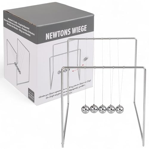 MIJOMA Newtons Wiege – Kugelstoßpendel aus Metall, ca. 15 x 14 cm – Elegante Schreibtischdeko & Physikspiel zur Entspannung und Inspiration