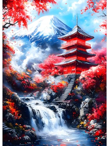 QQYRHN 5D Berg Fuji Diamond Painting Kit für Erwachsene Anfänger Pagode Diamant Kunst Kits Vollständiges DIY Fluss Wasserfall Diamantstickerei-Set Perfekt zur Entspannung und Dekoration 30x40 cm
