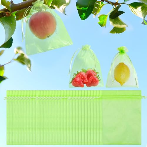 Wiederverwendbare Netz-Obstschutzbeutel mit Kordelzug, 15 x 20 cm, Gartennetz, Organza-Abdeckung für Apfelbäume, Erdbeeren, Gemüse, Insektenbarriere, 50 Stück, Grün