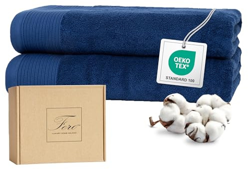 Ferò Set Luxus 2 Teilig Handtücher Groß, Badehandtuch 100% Baumwolle, Premium Low Twist 550 g/m², Ultra Weich und Saugfähig, Oeko-TEX, Italienisches Design, Badetuch,2 Duschtuch 70x140, Marineblau