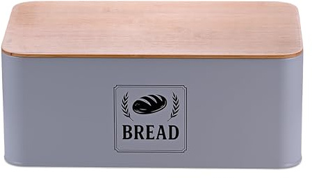 Relaxdays Panera, Tapa de bambú, Metal, HxBxT: 13,5 x 33 x 19 cm, Caja Retro, Recipiente para Pan, Gris, Hierro, 13.5 x 33 x 19 cm