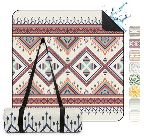Sekey Boho Picknickdecke Wasserdicht 200x200 cm, Stranddecke Sandfrei | Gepolstert, Dreischichtige Struktur, PEVA-Wasserfestboden, Bindegurt-Trageriemen, geeignet für Picknick, Camping, Strand