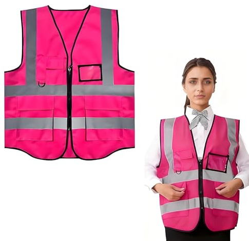 xutong Warnweste Pink für Damen, Warnweste Reflektierende Sicherheitsweste mit Taschen, Hohe Sichtbarkeit Fahrradweste mit Reißverschluss Reflektierende Weste Arbeitsweste