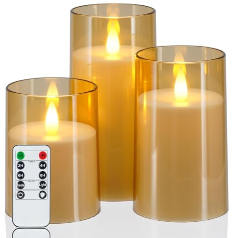 Homemory Gold flackernde flammenlose Kerzen mit 2/4/6/8 Std Timer,3er-Set | Fernbedienung,Timer, dimmbar, 500 Std. Betriebsdauer, Batteriebetrieb LED Stumpenkerzen,Acryl,Hochzeit,Weihnachten, Wohndeko