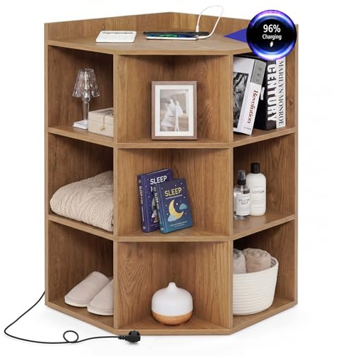 COSTWAY Mobile ad Angolo a 3 Livelli in Legno, Libreria Angolare Aperta con Stazione di Ricarica 9 Cubi 2 Porte USB e 4 Prese, Adatto per Spazi Ridotti, 51x71,5x86 cm (Naturale)