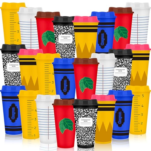24 Pack Teacher Appreciation Coffee Cups with Lids, 710 ml End of Term Gift | Reusable PP tumblers in 6 school-themed designs, Teacher Coffee Cup for Teachers, Teaching Assistants and School Staff