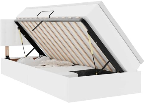 HFXHIJXQ Einzelbett 100x200cm weiß mit Stauraum, Poly-Rattan, Lift, Metallrahmen, Lattenrost, Matratze & Topper