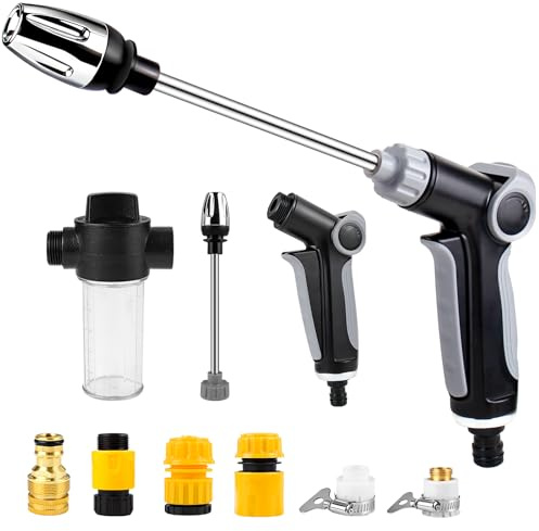 Power Jet Hochdruckpistole für Gartenschlauch mit Arretierung & Wasserregler, 3 Strahlarten Gartenspritze, Ergonomisch & Rostfrei, Ideal für Auto, Grau-Schwarz