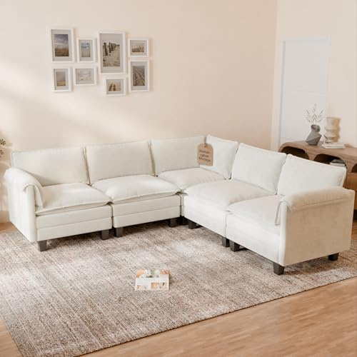 ELUCHANG Modulares Sofa L-Form, 250cm Breit Ecksofa 5-Sitzer, Chenille Couch mit 62cm Sitztiefe, Schlafsofa-Funktion, Werkzeuglose Montage, Wohnzimmer & Gästezimmer, Beige