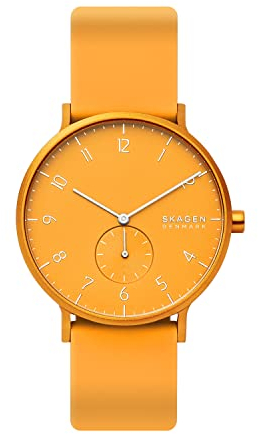 Skagen Aaren Uhr für Unisex, Quarzwerk mit Silikon-, Edelstahl- oder Lederarmband, Gelb, 41MM