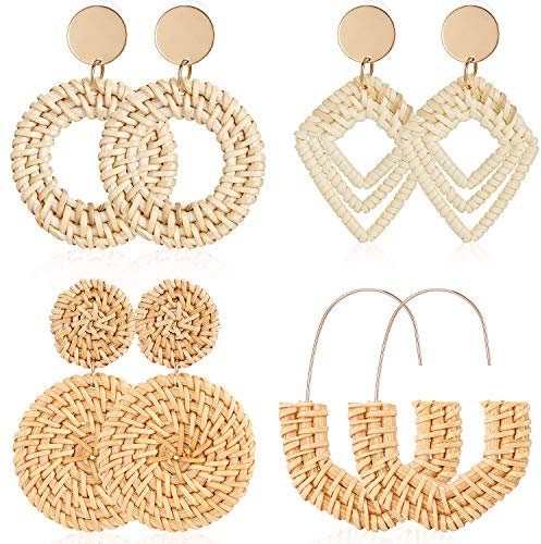meekoo 4 Pairs Rattan Earrings for Women Beach Essentials Tassel Dangle Boho Straw Earrings, Rattan