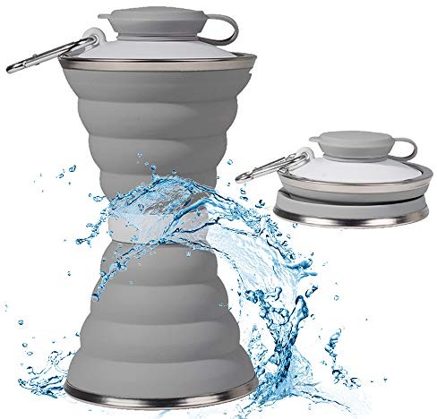Botella de agua plegable, taza de acampada con mosquetón, silicona reutilizable, plegable, a prueba de fugas, portátil, para viajes, deportes, para exteriores, viajes, gimnasio, senderismo, sin BPA,