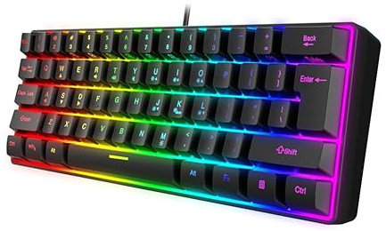 Snpurdiri 60% Wired Gaming Keyboard, RGB Backlit Ultra-Compact Water-Resistant Mini Keyboard, 61 Keys, for PC/Mac Gamers, Typists, Travel, Easy to Carry on Business Trips, Black (QWERTY Layout)