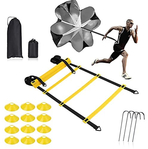 Speed Ladder Agility Training Set - 12 Rung 20Ft Agility Ladder, 12 Field Cones, 4 Steel Stakes, Resistance Parachute with Carrying Bag for Soccer Basketball Football Boxing Footwork Sports Training
