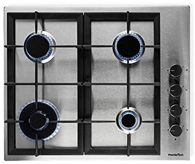 PremierTech Piano Cottura Gas 4 Fuochi 60cm Acciaio Inox da Incasso PC604S | Griglie in ghisa, accensione elettrica, bruciatore rapido, ugelli inclusi, metano e GPL, manopole laterali, piano inox cucina