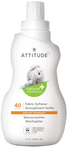 ATTITUDE Laundry Fabric Softener Liquid, Vegan and Naturally Derived Detergent, Plant Based, HE Washing Machine Compatible, Citrus Zest, 40 Loads, 1 Liter