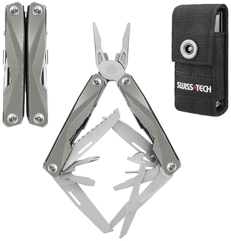 Swiss+Tech 16 in 1 Aluminum Handle Multi-Tool (Champagne), Multifunctional Pliers with Scissors, Saw, Bottle Opener, Screwdriver, Serrated Blade, Camping Multi-Tool, Outdoor Repairing, with Carry Bag