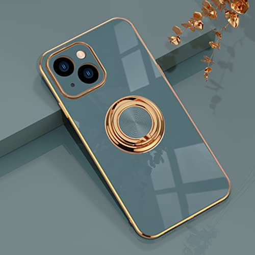 EYZUTAK Electroplated Magnetic Ring Holder Case for iPhone 14 Plus, 360 Degree with Rotation Metal Anti-fall Finger Ring Holder Magnet Car Holder Slim Soft Silicone Shockproof Cover - Gray