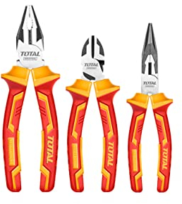 Total Insulated Pliers Set of 3 | 1 Insulated Universal Pliers, 1 Diagonal Cutting Pliers and 1 Insulated Flat Nose Pliers | Ergonomic Bi-Material Handle | Cr-V