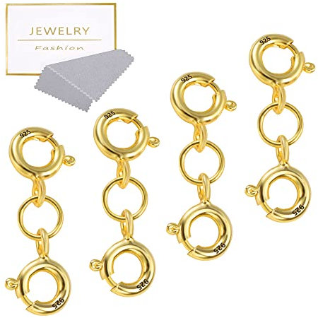 925 Sterling Silver Gold Clasps, ALEXCRAFT 4Pcs 14K Gold Plated Spring Double Clasps Connector for Necklaces Bracelet Extension Gold Clasps for Jewellry Crafts Making