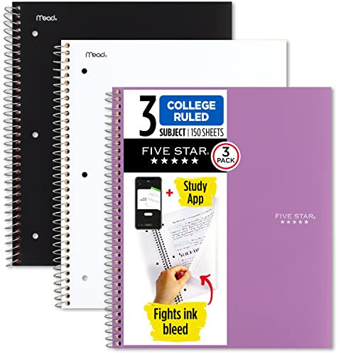 Five Star Spiral-Notizbücher, 3er-Pack, 3 Themen, College-liniertes Papier, 27,9 x 21,6 cm, 150 Blatt, Schwarz, Weiß und Rot (820192)