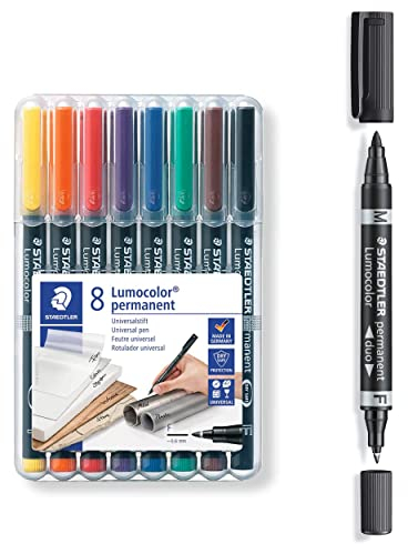 Staedtler Permanent Universalstift Lumocolor Set mit 8 Farben und Lumocolor Zweispitzmarker, wisch- und wasserfest, sekundenschnell trocken, nachfüllbar