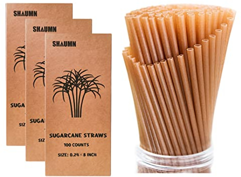 300 pajitas de caña de azúcar de 8 pulgadas, compostables, biodegradables, ecológicas, sin plástico, resistentes, para batidos, no empañadas, empaquetadas por 100 unidades por caja (3 paquetes)