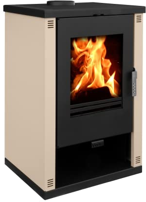 9 kW Holzofen Bruno Novak - Moderner Kaminofen mit Holzfach & Farbiger Seitenverkleidung (Beige)