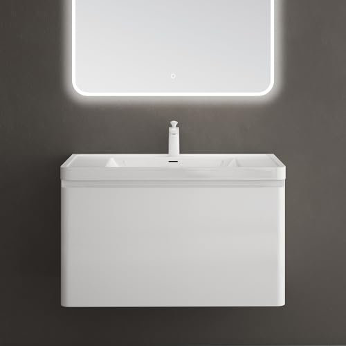 doporro Mobile Bagno Sospeso Mobile Sottolavabo da 90 cm Bianco con Lavabo Integrato | Lavandino in Marmoresina con Foro Rubinetto e Troppopieno | Incluso Cassetto Soft Close Seria Ancona