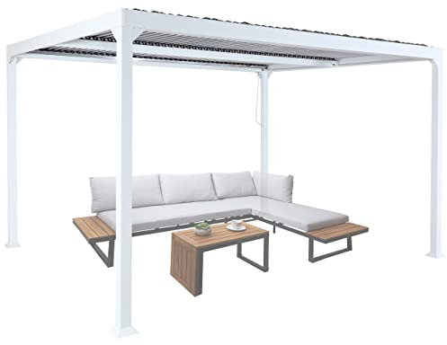 Alu Pergola HWC-L41, Lamellen-Pavillon Terrassenüberdachung, stabiles 8cm-Metall-Gestell 3x3,7m - weiß