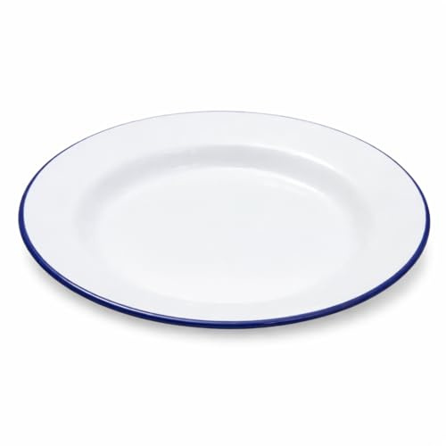 Piatto tradizionale smaltato di alta qualità bianco con bordo blu, piatto per riso, pasta, ciotola, piatto piano, piatto rotondo, piatto fondo, piatto fondo, piatto fondo, stoviglie (piatto da 24 cm)