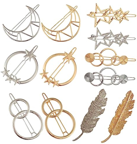 AOOTUERL 12-Metall-Haarspangen, rutschfeste Haarspangen,elegante und modische weibliche Haarzubehör, Feder, Stern, Mond geformte Haarspangen, etc. für Hochzeiten, Tänze, (Gold und Silber)