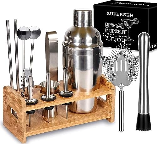 SUPERSUN 15 Pieces Cocktail Shakers Set, Cocktail Making Set 550ml Stainless Steel Bartender Kit Barware Set with Wooden Stand, Cocktail Shaker Gift Set for Home Bar