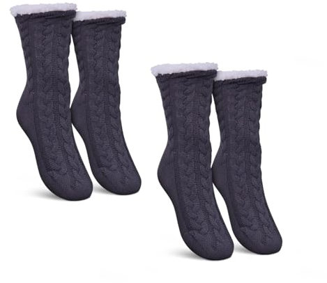 Bestlivings Haussocken Damen mit Teddyfutter - Hüttensocken mit Anti-Rutsch-Sohle - ABS Norweger Socken Zopfmuster - Kuschelsocken Einheitsgröße Stopper (Grau (2 Paar))
