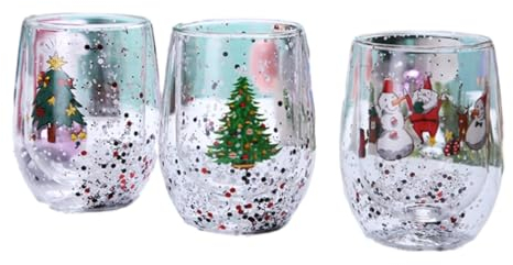 3tasse Double paroi,Tasse de noël Double paroi,Tasses en Verre à Double paroi avec Paillettes fluides,adapté pour contenir du Lait, du cola, du café et d'autres Boissons
