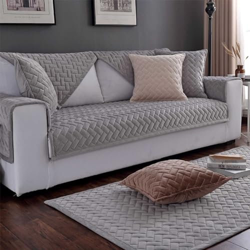HLTQL Sofa üBerwurfdecke rutschfest，Ecksofa Bezug Samt Abnehmbar Waschbar，Couch üBerzug L Form 2/3/4/1 Sitzer，Solide Dicke Strukturierte Sofaschoner FüR Wohnzimmer(4grey,70x90cm)