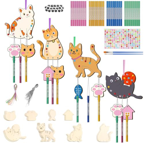 Collazoey Kits Bricolage 12 Pcs Chats Carillon à Vent en Bois, DIY Loisirs Créatifs pour Activité Manuelle Enfant, pour Cadeau, décoration extérieure