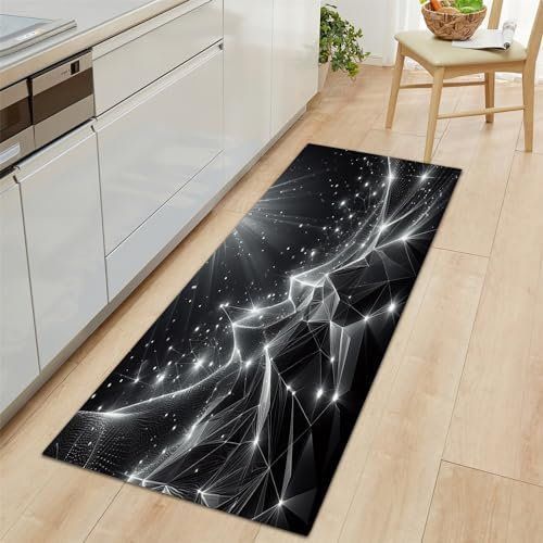 Küchenläufer Schwarz Küchenmatte 60x150 cm, Geometrische Sterne rutschfest Waschbar Küchenteppich Teppich Läufer Küche, Anti-Müdigkeit Teppichläufer, Staubdicht Fußmatte