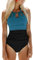 CUPSHE Damen Badeanzug High Neck Bauchweg Raffungen Strandmode Schlüsselloch Farbblock Einteilige Bademode Swimsuit Blaugrün/Schwarz M
