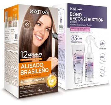 Kativa Kit Alisado Brasileño + Total Plex Bond Repair | Nueva fórmula con ácido hialurónico |Tratamiento Alisado Profesional en casa-Hasta 12 Semanas de duración-Alisado Keratina-Reconstructor capilar