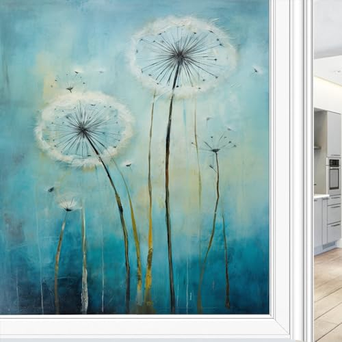 Farmhouse White Pusteblume Fenster Sichtschutzfolie Einfache Pflanze Retro Buntglas Fensterfolie Dekorative Fensterfolie für Zuhause Fenster & Glastür, Sonnenblockierung 90 x 140 cm